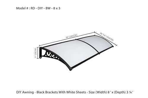 Image of CHENNAI Window Blinds and Shades DIY Polycarbonate Awning (Engineered Plastic Brackets) Window Sunshade Door Weather Shed Rain Canopy Awnings - 8'Widthx3'Depth (Black Brackets & White Sheets)