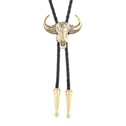 Image of GelConnie Longhorn Bull Bolo Tie for Men Native American Western Cowboy Leather Necktie Bolo Necklace for Women Gold Texas