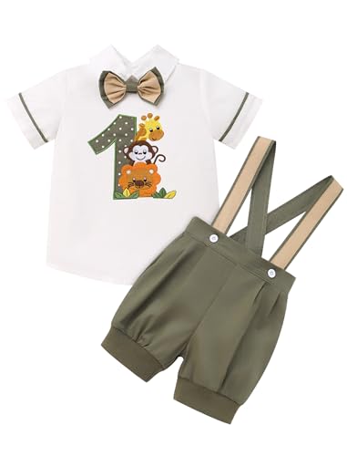 ODASDO Baby Boys Jungle Safari 1st Birthday Cake Smash Outfit Short Sleeve Shirts Tops with Suspenders Shorts Set