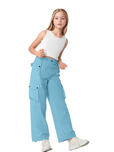 Image of HENGAO Girls Cargo Pants Parachute Casual Jogger Y2K 5-14 Years | Kids Baggy pants Parachute, Drawstring, with Pockets, Elastic High Waist, Loose Trousers Streetwear