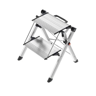 Hailo MK80 ComfortLine | Aluminum Step Stool | Two Large Steps with Non-Slip Ribbing | Carrying Handle with Integrated Unlocking Function | Soft-Grip Base | Rustproof | Silver