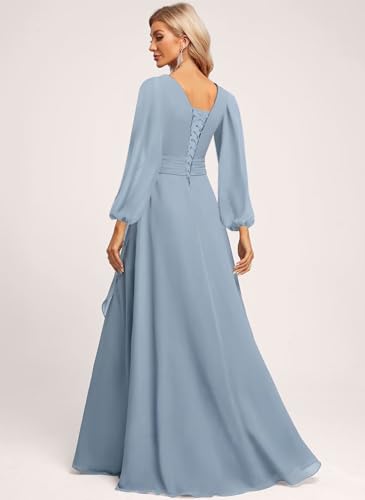 Dessiny Lantern Sleeves Bridesmaid Dresses for Women with Slit V Neck Pleated Chiffon Maxi Formal Dress with Pockets DE2072