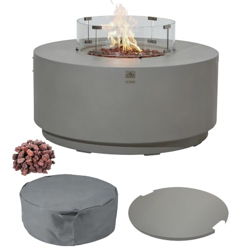 Image of AMS Round Concrete GFRC Propane Gas Fire Pit Table Bundle (Light Gray)