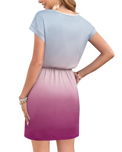 Image of AUSELILY Womens Summer Mini Dress, Short Sleeve V Neck Drawstring Casual | Soft smooth drape with an adjustable drawstring waist for beach, casual outings and daily wear