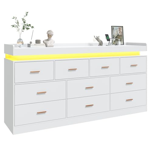 Image of jiteentarou 10 Drawer Dresser with Charging Station and LED Lights, Modern Chest of Drawers with Power Outlet, Organizer Cabinet for, Living Room, Entryway, White