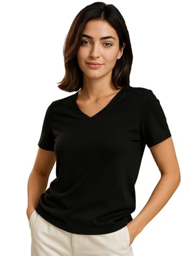 Image of JUNEBERRY Cotton Lycra Regular Fit V- Neck Solid Core Half Sleeves T-Shirt for Women & Girls (Colors Available: Black, Green, Magenta, Blue, Orange & Limeade)
