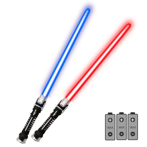 Tomedeks Sable de luz LED azul y rojo 2 en 1, paquete de 2 sables de luz para niños, espada iluminada con efectos de sonido, espada láser telescópica, para cosplay y disfraz de guerrero