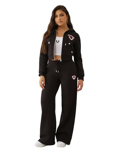 True Religion Women's Embroidered Shrunken Zip Hoodie – Cropped Full-Zip Sweatshirt with Logo Stitching, L