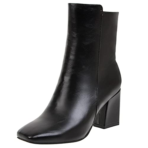 Lroey Reoly Damenstiefeletten mit Blockabsatz, Anzugstiefel Höhe Ferse Square Toe Stiefeletten Simple Zip 186 Schwarz Gr 48 EU