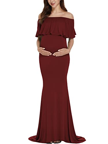 Love2Mi Womens Off Shoulder Maternity Dress for Photoshoot Mama Ruffles Photography Dress Slim Fitted Gown for Baby Shower