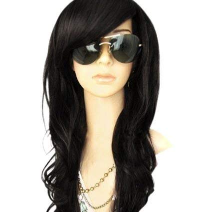 MelodySusie Black Long Curly Wavy Wig for Women, 34 Inches Synthetic Hair Wig with Inclined Bangs Halloween Cosplay Daily Party Wig Natural as Real Hair with Free Wig Cap, Black
