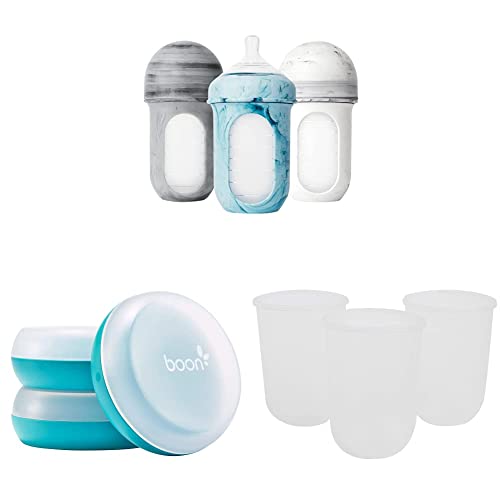 Image of Boon NURSH Reusable Silicone Baby Bottles & NURSH Storage Buns (Pack of 3), Blue-White,3 Count (Pack of 1) & NURSH Reusable Silicone Replacement Pouch, 3 Months and up, 8 Ounce (Pack of 3)