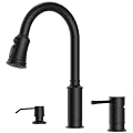 APPASO 3 Hole Kitchen Sink Faucet, 3 Modes Matte Black Kitchen Faucet with Soap Dispenser, Single Handle High Arch Separate Handle 3 Pieces Kitchen Faucet with Pull Down Sprayer for Laundry RV