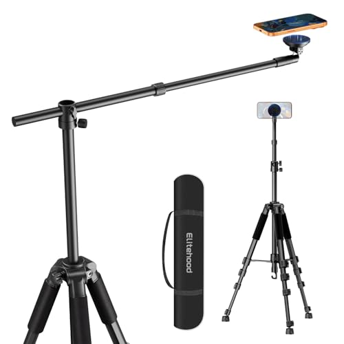 Image of elitehood Magnetic Overhead Tripod for iPhone with 25in Long Extendable Arm, 59in Horizontal Tall Phone Tripod for Video Recording, 360 Swivel Tilt Overhead iPhone Stand Holder for Filming Recording