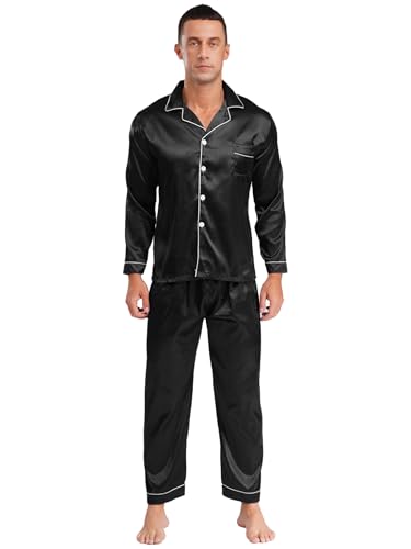 Men's Silk Satin Pajamas Set Long Sleeve Pjs Sets Classic Loungewear Button-Down Sleepwear