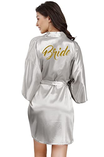 EPLAZA Bride Bridesmaid Robes for Wedding Bridal Party Women Short Solid Color Silky Satin Robe Kimono with Gold Glitters (Grey, Bride)