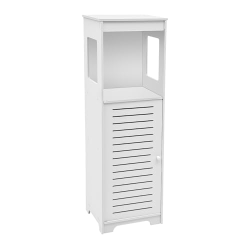 ELWYNTP Armoire de salle de bain, 28 x 25 x 90 cm, blanche, étroite, autoportante, armoire de toilette, armoire d'appoint, étagère en PVC, étagère sur pied avec compartiment ouvert, une porte, pour