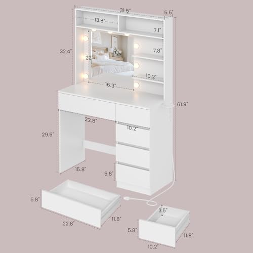 Image of Vanity Desk with Mirror, LED Lights and Power Outlet, Makeup Vanity Table with 5 Drawers, 3 Color Modes & Adjustable Brightness, Dressing Table for Bedroom, White