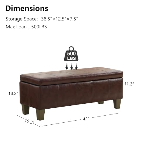 Image of 41 inch Storage Ottoman, Storage Bench with Safety Hinge, Upholstered Synthetic Leather Ottoman Bench for Bedroom, Living Room, Entryway, Hallway, Foot Rest, Support 500lbs