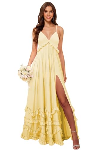 Women's Spaghetti Straps Chiffon Bridesmaid Dresses Long Ruffle Maxi Formal Evening Dress VS256