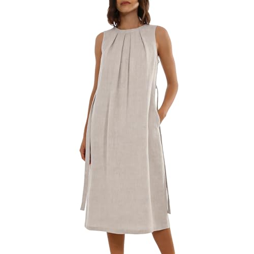 Robe maxi en lin de qualité supérieure coupe longue épurée sans manches col rond