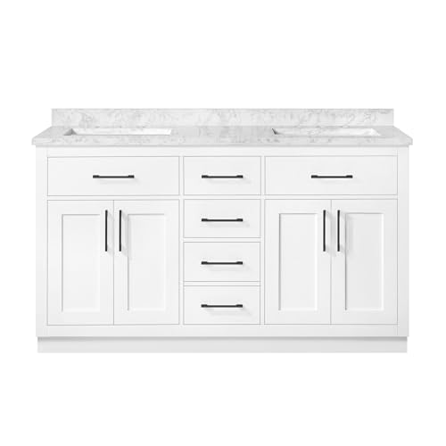 Image of OVE Decors Athea 60 in. Double Sink Freestanding White Bathroom Vanity with White Engineered Marble Top, Matching Backsplash, Power Bar and Matte Black Hardware