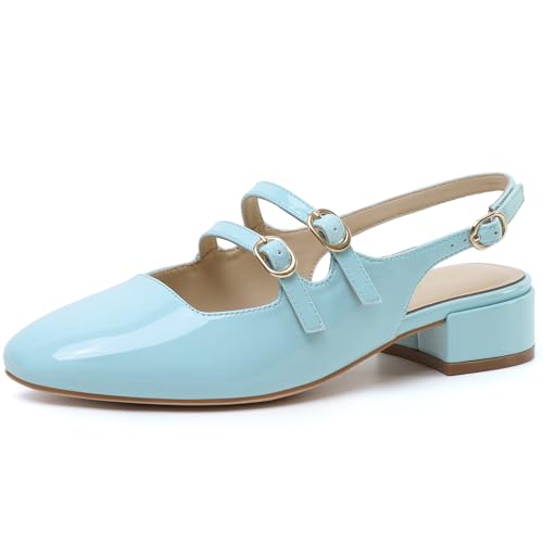 Image of Mostrin Mary Jane Shoes Women Slingback Chunky Low Heels for Women Closed Rounded Toe Ankle Strap Pumps Daily Wedding Party Dress Shoes