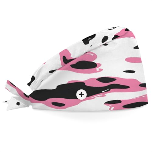 Aglebo Colorful Cow Pattern Working Caps with Buttons Sweatband Adjustable Elastic Bouffant Surgical Caps Breathable Nurse Doctor Hat Men Women