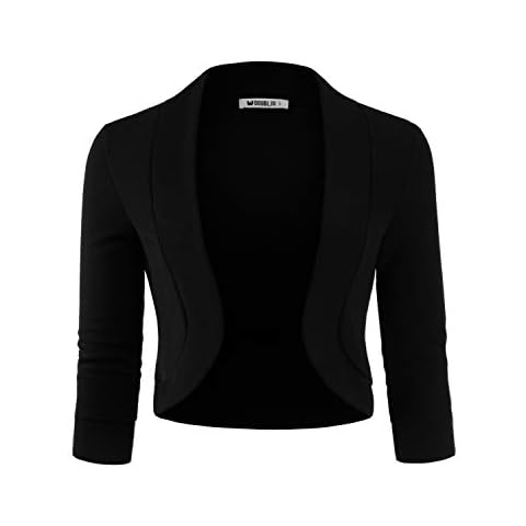 DOUBLJU Bolero Open Front Cardigan Crop Jackets 3/4 Sleeve Basic Cropped Blazers Business Casual for Womens with Plus Size, Black, L Cover
