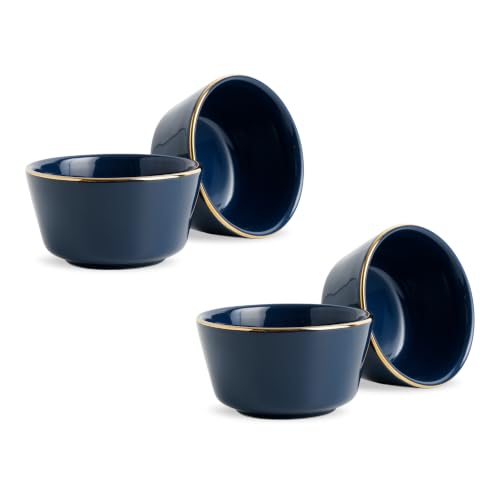 Image of Shay Ceramic Dinner Bowl Set of 4 for Rice, Dal, Salad, Snacks, Fruits & Noodles | Blue with Gold Rim | Microwave Safe Ceramic Serving Bowls for Home, Kitchen & Gifting (Bowl Set of 4 - Blue Gold)