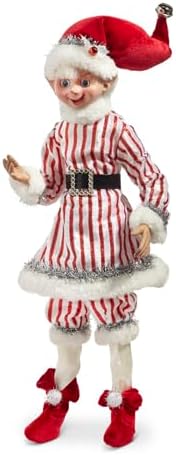 RAZ Imports Posable Peppermint Tinsel Elf Figurine, 16-inch Length, Polyester and Resin, Christmas Season Decoration