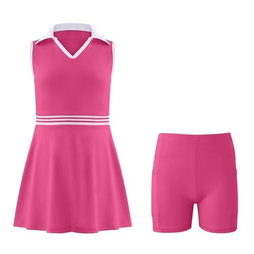 Image of Girls Tennis Dress Golf Outfit Sleeveless Athletic Dresses Polo V Neck Sport Skirt with Pockets 4-13Y