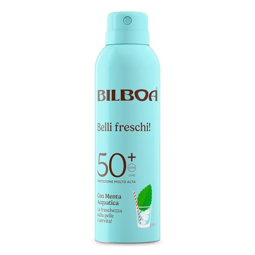 Bilboa Belli Freschi Protezione Solare SPF 50+,con Menta Acquatica, La Freschezza sulla Pelle è Servita, Resistente all'Acqua, Dermatologicamente Testata, 150 ml