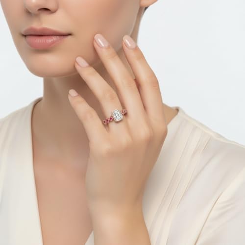 Image of Choose Your Gemstone Bezel Set Emerald Accented Diamond CZ Ring Rose Gold Plated Emerald Shape Side Stone Engagement Rings for Women, Girls and Ladies US Size 4 to 12