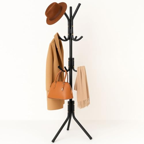 ZUNOVI Perchero de pie metálico con 12 ganchos | Diseño compacto y estable | Ideal para ropa, bolsos y sombreros | Para casa, oficina o recibidor (Negro)