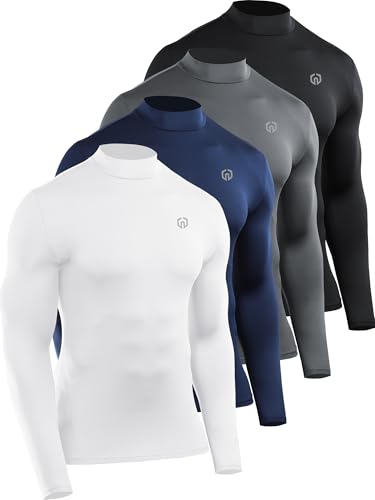 NELEUS 4 Pack Men's Workout Shirts Compression Dry Fit Long Sleeve Shirts,Mock Neck,5024,Black,Grey,Navy,White,US XL