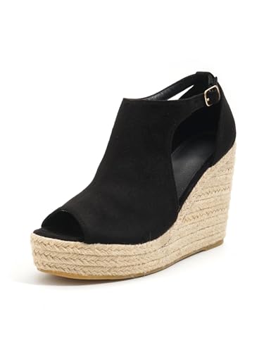 Chic Espadrille Wedge Sandals - Stylish Peep Toe with Cut-Out Detail, Adjustable Buckle Strap, Stiletto Heels, and Comfortable Platform - Perfect Trendy Footwear for Your Summer Holiday 520-1