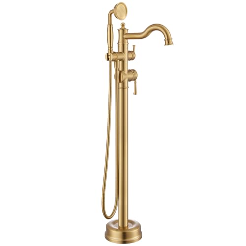 Free Standing Tub Faucet, Qinkell Classic Elegant Gooseneck Freestanding Bathtub Faucet with Sprayer Brass Luxury Floor Mount Bath Faucets High Flow Roman Tub Filler, Brushed Gold (QC-202511BG)