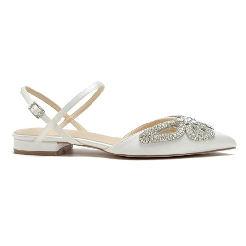 Women's Slingback Flats Rhinestones Bow Flat Pumps for Women Pointed Toe Comfort Flat Wedding Dress Shoes Sandals3
