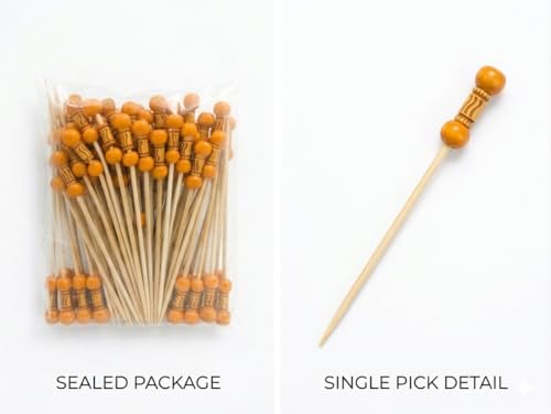 Image of Somani Decorative Bamboo Cocktail Picks Orange Bead | Double Ball Topper Fancy Food Picks for Appetizers, Drinks & Garnish | Cafe, Lounge, Bakery, Catering & Home Entertaining | Pack of 100