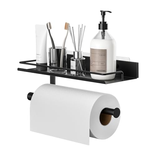 MAYZOLOP Paper Towel Holder, Wall Mount Paper Towel Holder with Shelf for Bathroom, Paper Towel Wall Holder, Paper Holder with Adhesive & Screw, Metal Black