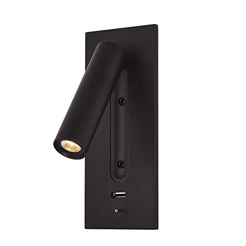 Sannelchel Moderna lámpara de pared para dormitorio, luz LED de lectura interior del hogar, luz LED de libro de 3 W, foco, lámpara de pared para interiores con USB 5 V 2.1 A de carga rápida (negro)