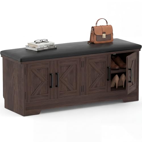 Farmhouse Shoe Storage Bench with Cushion - 43.3" Entryway Bench with Storage & 4 Barn Doors, 2-Tier Wooden Shoe Rack Bench, Shoe Cabinet & Mudroom Bench for Bedroom Hallway Living Room, Black Walnut