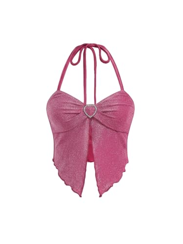 MakeMeChic Women's Sparkly Halter Tops Asymmetrical Ruched Split Party Night Out Top Pink Medium