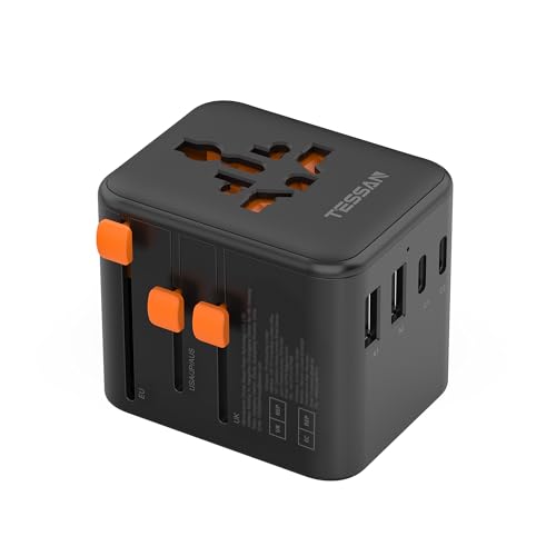TESSAN Universal Travel Adapter Worldwide with 4 USB (2 USB C) International Travel Adapter UK to European Power Universal Plug Adaptor for EU USA Australia Thailand (Type C G A I) Black