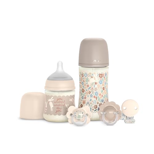 Coffret cadeau de naissance Suavinex Wonderland beige, biberons et sucettes chic