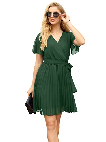 Grecerelle Casual Spring Dresses For Women Flounce Short Sleeve Wrap Dress V-Neck Mini Dress Blackish Green(Large, Blackish Green) #TOP3