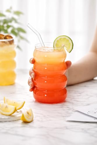 Image of COOLBIT Round Wave Looked Glass Cola Mug CanCoffee Glass Sipper with Straw-500ml-Pack of 2- Milk Cup -Juice Green Tea Glass Tumbler with Straw