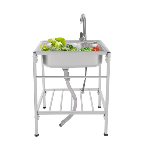 Fregadero de acero inoxidable independiente, 60 x 45 cm, acero inoxidable 304, fregadero de cocina móvil con grúa giratoria 360° y cesta de drenaje, lavabo para cocina, taller, garaje, exterior