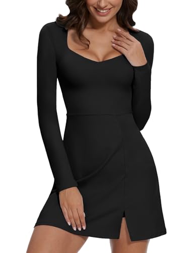 Wenlia Long Sleeve Dresses for Women 2025 Fall Women's Mini Bodycon Sweetheart Neckline Dress with Slit Built in Shorts